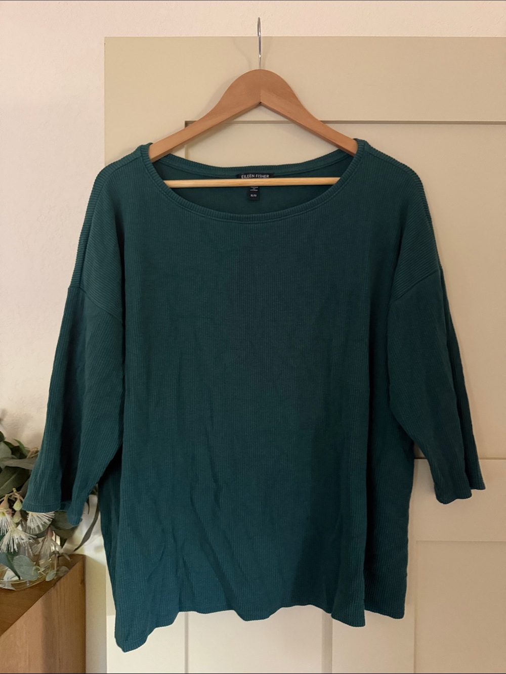 Eileen Fisher XL Deep Teal Ribbed Scoop-Neck Long Sleeve Top
